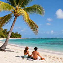 Caribbean Holidays, Guadeloupe Honeymoons May, Romantic couple relaxing on a secluded Guadeloupe beach with a picnic, clear water and gently swaying palms