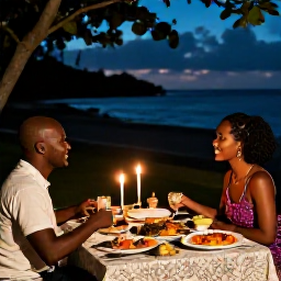 Caribbean Holidays, Guadeloupe Honeymoons May, Romantic outdoor Creole dinner for two in Guadeloupe, colourful local dishes, candles and a warm evening atmosphere
