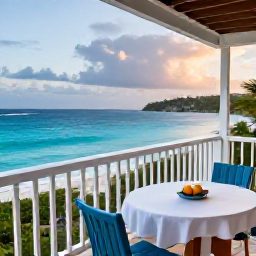Caribbean Holidays, Guadeloupe Honeymoons, Private balcony overlooking a Guadeloupe beach and turquoise sea, comfortable honeymoon accommodation at dawn