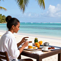 Caribbean Holidays, Guadeloupe Honeymoons, Romantic beachfront breakfast for two in Guadeloupe, tropical fruit, coffee and sea views in morning sunlight