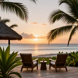 Caribbean Holidays, Guadeloupe Honeymoons, Romantic beachfront hotel terrace in Guadeloupe with two chairs, tropical plants and a view of the sea at sunset