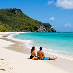 Caribbean Holidays, Guadeloupe Honeymoons, Romantic couple relaxing on a secluded Guadeloupe beach with turquoise water, soft sand and lush green hills