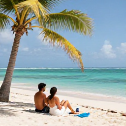 Caribbean Holidays, Guadeloupe Honeymoons, Romantic couple relaxing on a secluded Guadeloupe beach with white sand, clear water and a shaded palm tree
