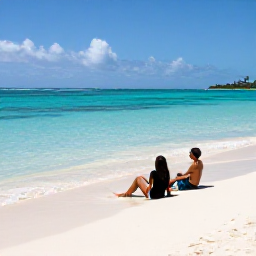 Caribbean Holidays, Guadeloupe Honeymoons, Romantic couple relaxing on a white sand beach beside clear turquoise water in Guadeloupe