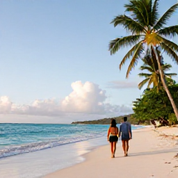 Caribbean Holidays, Guadeloupe Honeymoons, Romantic couple walking along a quiet Guadeloupe beach at sunrise in January, turquoise sea and palm trees
