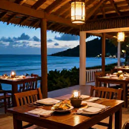 Caribbean Holidays, Guadeloupe Honeymoons, Romantic evening dinner at a small Guadeloupe restaurant, local Creole dishes, lanterns and relaxed island atmosphere