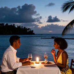 Caribbean Holidays, Guadeloupe Honeymoons, Romantic Guadeloupe dinner for two at a waterfront restaurant, local Caribbean dishes, candles and evening sea view