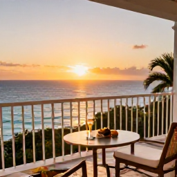 Caribbean Holidays, Guadeloupe Honeymoons, Romantic Guadeloupe resort balcony at sunset with a small table, champagne and views of the sea