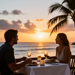 Caribbean Holidays, Guadeloupe Honeymoons, Romantic open-air restaurant in Guadeloupe serving Creole and French cuisine, with a couple dining at sunset