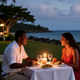 Caribbean Holidays, Guadeloupe Honeymoons, Romantic outdoor dinner for two at a Guadeloupe restaurant, Creole dishes, candles and a warm evening atmosphere