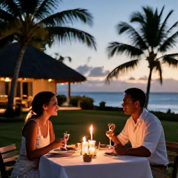 Caribbean Holidays, Guadeloupe Honeymoons, Romantic outdoor dinner for two in Guadeloupe with Creole dishes, candles and a warm tropical evening