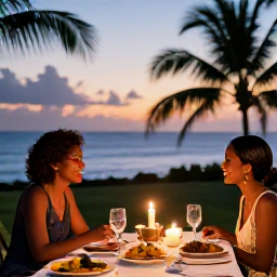 Caribbean Holidays, Guadeloupe Honeymoons, Romantic outdoor dinner for two in Guadeloupe with local Creole dishes, candles and a tropical evening setting
