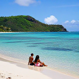 Caribbean Holidays, Guadeloupe Honeymoons, Romantic secluded beach in Les Saintes, Guadeloupe, with a couple sitting near clear shallow water and green hills in the background