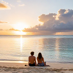 Caribbean Holidays, Guadeloupe Honeymoons, Romantic sunset on Grande-Terre in Guadeloupe, couple seated on soft sand beside calm turquoise water