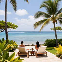 Caribbean Holidays, Guadeloupe Honeymoons, Stylish honeymoon hotel beside a calm Guadeloupe beach, couple relaxing on a private terrace with tropical gardens