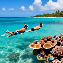 Caribbean Holidays, Guadeloupe in April, A couple snorkelling in clear turquoise water beside a coral reef in Guadeloupe, with colourful fish and a tropical coastline beyond