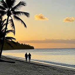 Caribbean Holidays, Guadeloupe in April, A couple walking along a quiet Guadeloupe beach at sunset in April, with calm sea, warm golden light and palm silhouettes