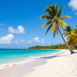 Caribbean Holidays, Guadeloupe in April, A sunlit Guadeloupe beach in April with turquoise water, soft white sand and gently swaying palm trees