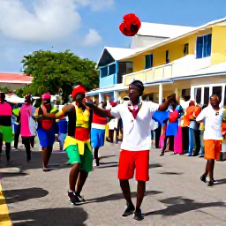 Caribbean Holidays, Guadeloupe in April, Colourful Guadeloupe street festival in April with dancers, musicians and local spectators in a sunny Caribbean town
