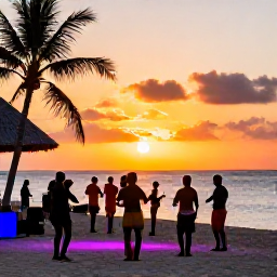 Caribbean Holidays, Guadeloupe in April, Guadeloupe beach at sunset with a small live music performance, local dancers and visitors enjoying the evening