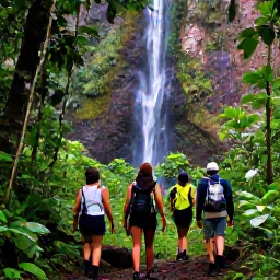 Caribbean Holidays, Guadeloupe in April, Hikers walking through tropical rainforest towards a waterfall in Guadeloupe