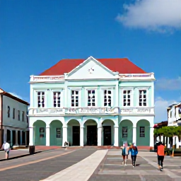 Caribbean Holidays, Guadeloupe in April, Historic colonial architecture and a museum in Pointe-&agrave;-Pitre, Guadeloupe, with visitors walking through a sunny square