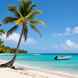Caribbean Holidays, Guadeloupe in April, Relaxed Guadeloupe beach with palm trees, clear turquoise water and small fishing boats