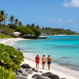 Caribbean Holidays, Guadeloupe in April, Travellers walking beside a turquoise Guadeloupe lagoon and lush tropical coastline on a bright April day