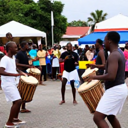 Caribbean Holidays, Guadeloupe in August, Guadeloupe August music and dance event outdoors, with traditional gwo ka drummers, dancers and an attentive local crowd