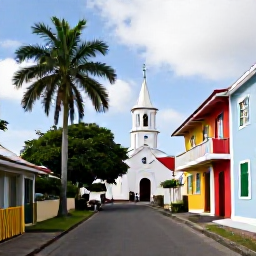 Caribbean Holidays, Guadeloupe in August, Historic Guadeloupe town in August with colourful Creole houses, a small church, palm trees and visitors exploring on foot