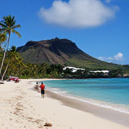 Caribbean Holidays, Guadeloupe in August, Quiet Guadeloupe beach in August with turquoise sea, palm trees, volcanic green hills and a couple enjoying the scenery