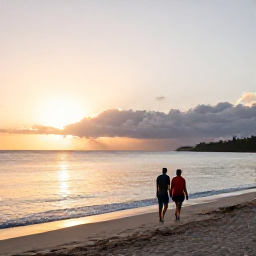 Caribbean Holidays, Guadeloupe in February, A couple walking along a beautiful Guadeloupe beach at sunset, with calm Caribbean water and warm evening light