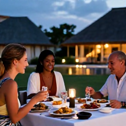 Caribbean Holidays, Guadeloupe in February, A relaxed outdoor dinner at a Guadeloupe all-inclusive resort, with Caribbean dishes, warm lighting and a peaceful evening setting