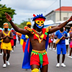 Caribbean Holidays, Guadeloupe in February, Colourful Guadeloupe Carnival parade in Pointe-&agrave;-Pitre, with masked costumes, dancers and musicians in a lively Caribbean street scene