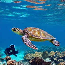 Caribbean Holidays, Guadeloupe in February, Green sea turtle swimming above coral and clear turquoise water near Guadeloupe, viewed by a snorkeller