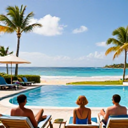 Caribbean Holidays, Guadeloupe in February, Guests relaxing beside an attractive resort pool overlooking a Caribbean beach in Guadeloupe, with February sunshine and palm trees