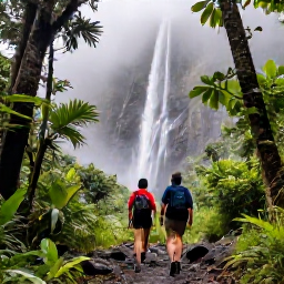 Caribbean Holidays, Guadeloupe in February, Hikers walking through tropical rainforest on Basse-Terre towards a misty volcanic waterfall