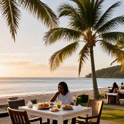 Caribbean Holidays, Guadeloupe in February, Relaxed outdoor caf&eacute; beside a Guadeloupe beach in February, with palm trees, local food and warm afternoon light