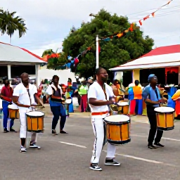 Caribbean Holidays, Guadeloupe in February, Traditional Guadeloupe Carnival drummers and dancers performing in a town square, surrounded by local spectators and colourful decorations