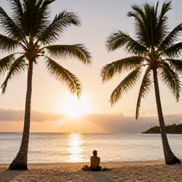 Caribbean Holidays, Guadeloupe in February, Traveller relaxing at a quiet palm-fringed Guadeloupe beach at sunset after a day exploring nature