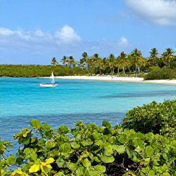Caribbean Holidays, Guadeloupe in February, Turquoise Caribbean lagoon with a small sailing boat, mangroves and palm-fringed coastline in Guadeloupe
