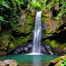 Caribbean Holidays, Guadeloupe in February, Waterfall in Guadeloupe National Park surrounded by dense tropical forest, mossy rocks and a clear pool