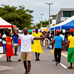 Caribbean Holidays, Guadeloupe in July, Colourful Guadeloupe street festival in July with local musicians, dancers and visitors enjoying Caribbean culture