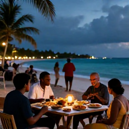 Caribbean Holidays, Guadeloupe in July, Relaxed Guadeloupe coastal evening in July with visitors enjoying local food, music and views across the Caribbean Sea