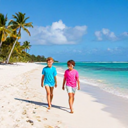 Caribbean Holidays, Guadeloupe in June, A happy family walking along a sunny Guadeloupe beach with turquoise water and palm trees