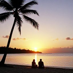 Caribbean Holidays, Guadeloupe in June, A relaxed couple enjoying sunset beside a Guadeloupe beach, with warm evening light, calm sea and palm silhouettes