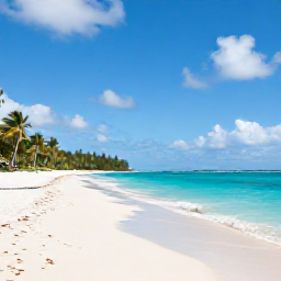Caribbean Holidays, Guadeloupe in June, A wide, quiet Guadeloupe beach in June with turquoise water, soft white sand, palm trees and bright Caribbean sunshine