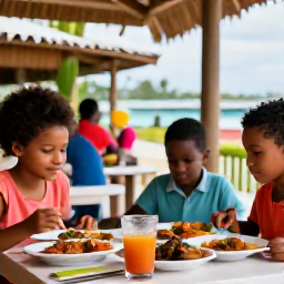 Caribbean Holidays, Guadeloupe in June, Family enjoying colourful Creole food at an outdoor restaurant in Guadeloupe