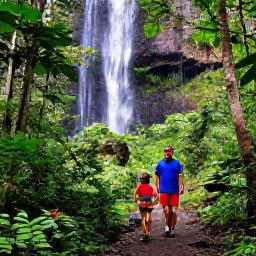 Caribbean Holidays, Guadeloupe in June, Family exploring a lush Guadeloupe rainforest trail beside a waterfall in Basse-Terre