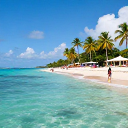 Caribbean Holidays, Guadeloupe in June, Guadeloupe beach in June with clear turquoise water, palm trees and visitors enjoying a relaxed cultural holiday